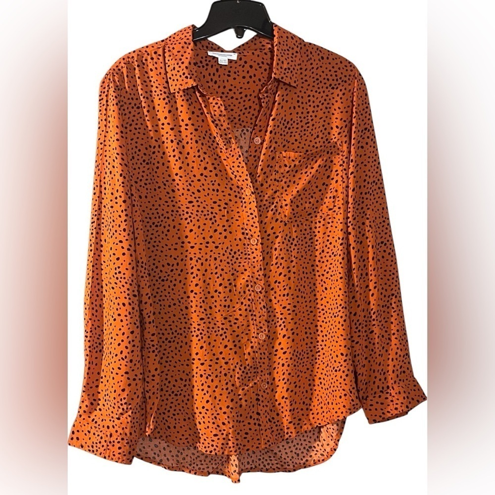 Beach Lunch Lounge‎ Long Sleeve Button Up Shirt Blouse Orange Cheetah Print MED